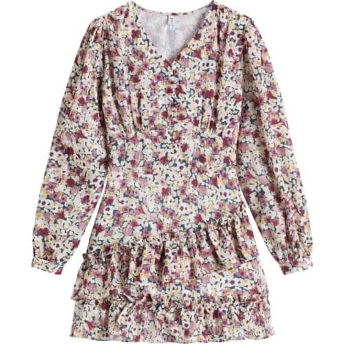 Autumn 2021fashionVintage Sexy V Neck Floral Mini Dress for Women Party All-match Hot Sale Lady Sweet Ruffle Dress Elegant