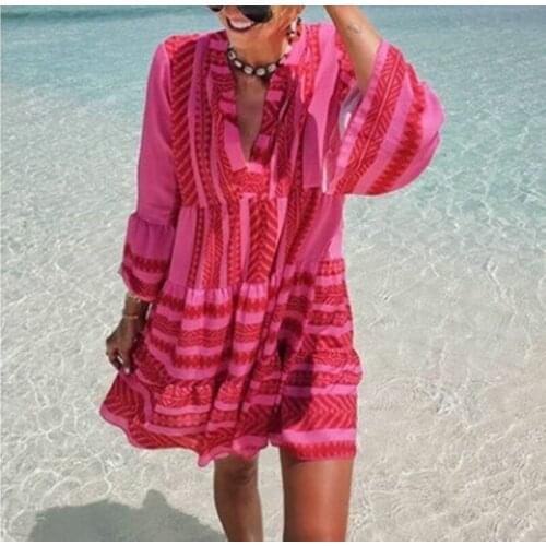 Autumn Plus Size Dress for Women Casual Boho Flare Sleeve Geometric Printed Mini Dress Womens V-Neck Leisure Blue Loose Dress