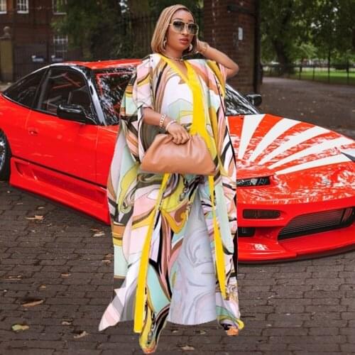 Autumn Elegant African Two Pieces Sets Loose V-collar Cardigan Robe and Wide Pant Nigeria Style Print Ankara Holiday Suit