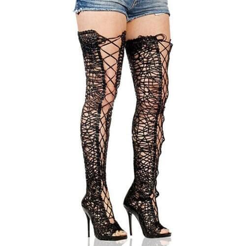 Sexy Fish toe Eyelash Lace Braided Cut out Thigh Boots Metal High Heels Shoes Woman Over Knee Lace Up Summer Long Sandal Botas