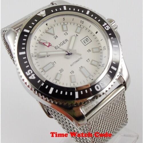 Luxury 44mm BLIGER White dial ceramic bezel date indicator mesh band Luminous marks Hands 24 Hour Automatic Mens Wristwatch