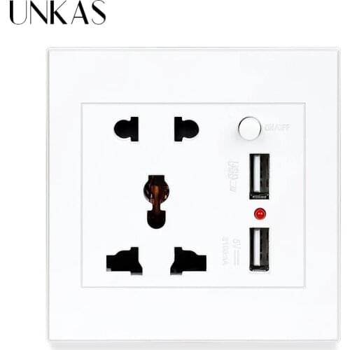 UNKAS PC Plastic Panel 5 Hole Universal Socket ON / OFF Switch Dual USB Charge Port For Mobile Phone 2.1A LED Indicator Outlet