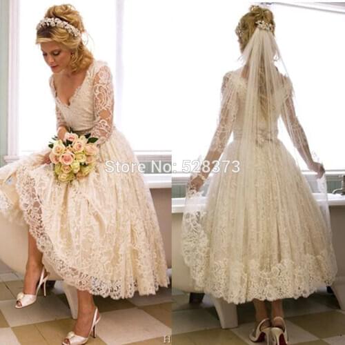 YNQNFS W1 50S 60S 3/4 Long Sleeves Tea Length Vintage Lace Wedding Dress Party Dress