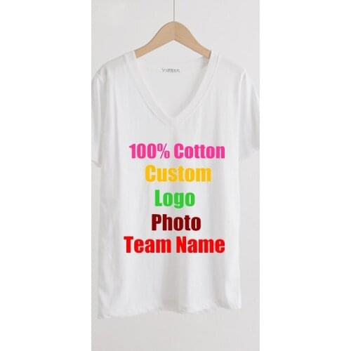 Korean Oversized Short Sleeve Summer Women Cotton T shirt V Neck Female Tops Customized Custom Logo Photo Text Printed T-shirts