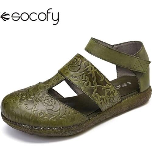 SOCOFY Embossed Pattern Genuine Leather Hollow Adjustable Hook Loop Sandals For Women Elegant Shoes Women Summer 2020