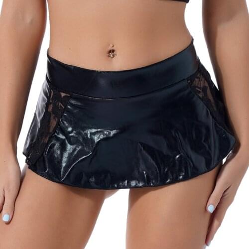 Ladies Latex Skirts Women Lace Patchwork Faux Leather Miniskirt Sexy Party Clubwear Fashion Low Waist Mini Skirt With G-strings