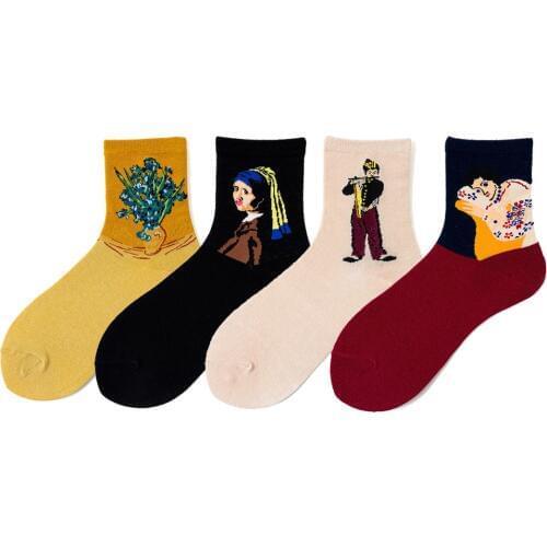 Women Socks Harajuku Cute Cotton Oil Painting Short World Masterpiece Novelty Happy Funny Character Pattern Korean Socks Kawaii