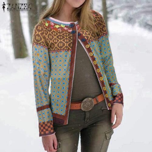 ZANZEA Womens Patchwork Cardigans Pull Femme Jackets Ethnic Print Coats Single Button Overcoat Female O Neck Blusa Plus Size 7