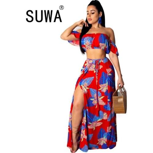 Wholesale Clothing Sexy Club 2 Piece Outfits Women Sets Short Sleeve Crop Tops Side Slit Midi Skirts Boho Vintage Casual French