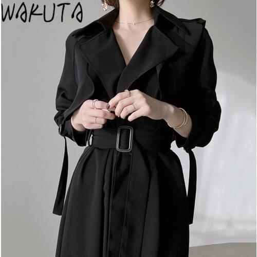WAKUTA Womens Trench Coat Casual Long Overcoat Loose Outerwear with Belt Autumn New Fashion Elegant Solid Windbreaker Femme