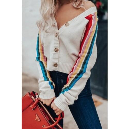 Women Cropped Cardigan Single Breasted v-neck Rainbow striped full sleeve knitted sweater crop sweater cardigan crop top Casual