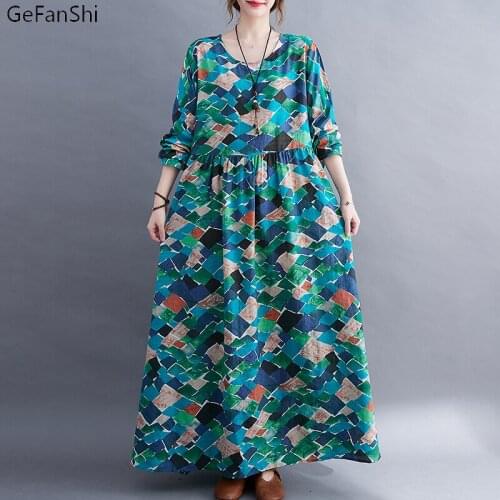 Spring Autumn Women Dresses Casual Loose Vintage Print Long Sleeve Cotton Linen Dress Elegant Girl Long Maxi Dresses Robe