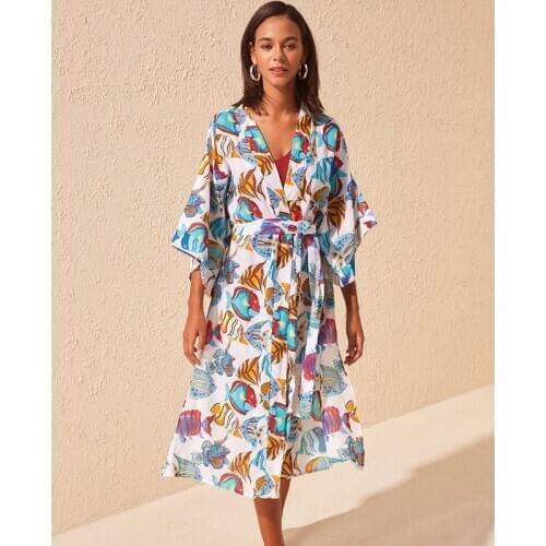 Tropical Fish Printed V-neck Self Belted Side Split Summer Wrap Dress Cotton Tunic Women Plus Size Beach Wear Midi Dress Q1130