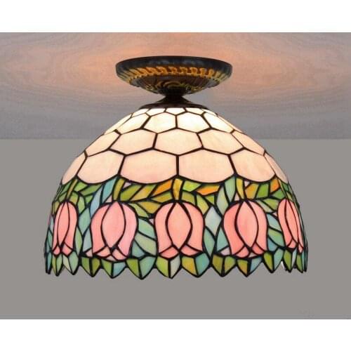 12 Inch Stained Glass Pink Flowers Ceiling Lights European Style Bedroom Plafonnier LED Kitchen Ceiling Lamp