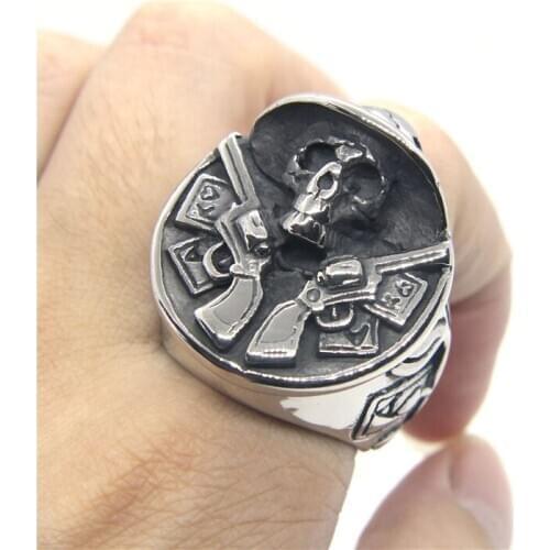 2020 Newest Fashion Design Mens Guns Skull Ring 316L Stainless Steel Mens Ring Cool Cowboy Ghost Ring