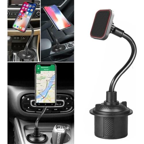 Car Cup Holder Magnetic Phone Mount with for Extra Long Neck & 2 Metal Plates for iPhone 12