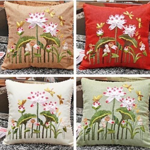 Free Shipping Natural Linen Throw Pillow Cushion DIY Ribbon Embroidery Handmade 18Inch Lotus Car Waist Bloster Dakimakura