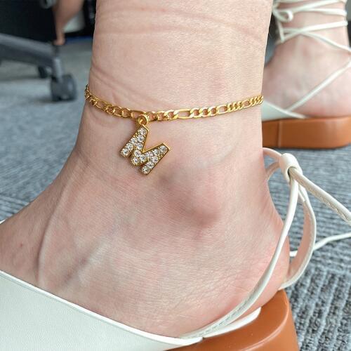 Zircon Leg Bracelets A-Z Alphabet Anklet for Women Foot Summer Beach Gold Chain Stainless Steel Initial Ankle On Foot Jewelry