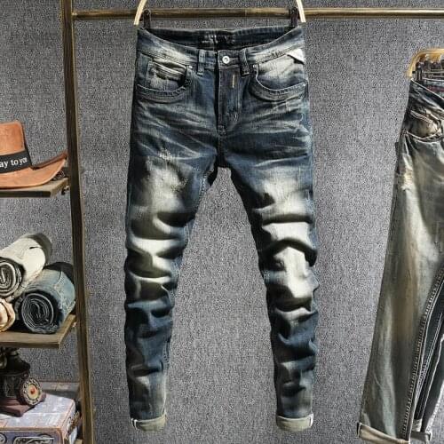 European Vintage Fashion Men Jeans Retro Blue Distressed Washed Elastic Slim Fit Ripped Jeans Men Designer Casual Denim Pants