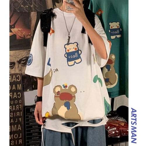 Hong Kong style short-sleeved T-shirt new male female cartoon bear print Korean loose Harajuku all-match fifth sleeve lovers top