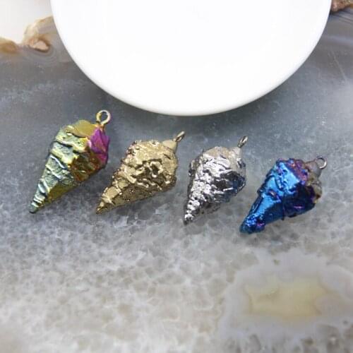 1pcs Natural Stone Plating Golden/Silvery/Blue/Rainbow Taper Shape Pendant Titanium Stick Points Pendulum Necklace DIY Jewelry