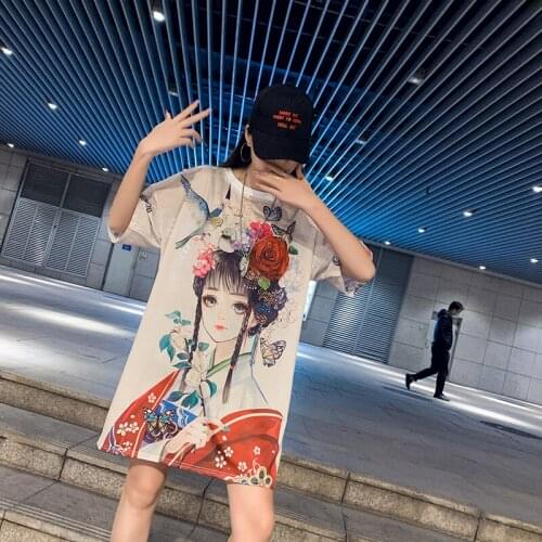 Summer Peking Opera Print Night Club Womens Tops Round Neck Oversized Short Sleeved Hip Hop Mesh Plus Size Streetwear T-Shirts