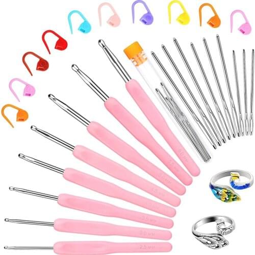 LMDZ Crochet Needles Set with Pink Crochet Hooks Knitting Loop Rings 3 Sizes Sewing Needles and Stitch Markers for Knitting