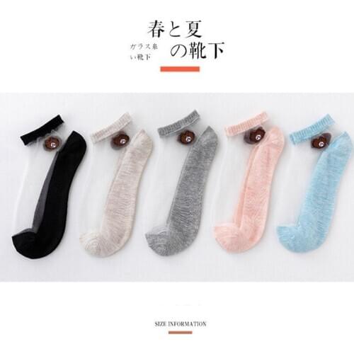 5 Pair Women Glass Fiber Crystal Thin Boat Socks Set Shallow Mouth Transparent Japanese Low Socks Cute Bear Invisible Cartoon