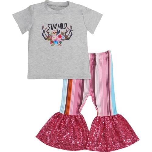 1-6Y Fashion Children Kid Girls Summer Clothing Sets Short Sleeve Floral Printed Tops+Sequins Stripe Flare Pants Outfits