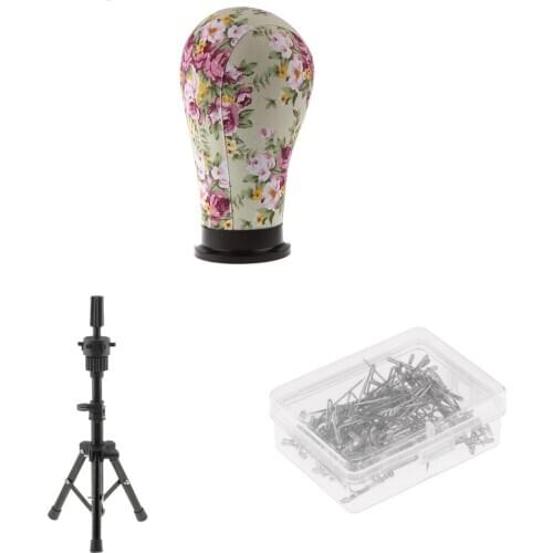 Adjustable Wig Head Stand Tripod Holde Mannequin, Wigs Making Cork Canvas Block Mannequin Manikin 22", 100 T Shape Needle Pins