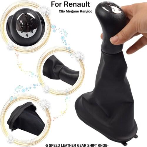 5 Speed Gear Shift Knob Chrome Lever Shifter Boot Leather For Renault Clio 2 II Clio 3 III Megane 2 II Scenic 2 II Kangoo