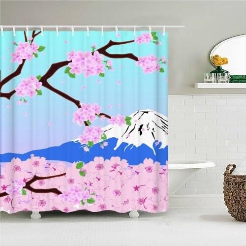 Beautiful Cherry Blossoms Flowers Shower Curtains With 12 Hooks Printed Fabric Shower Curtain Waterproof Polyester Bath Screen