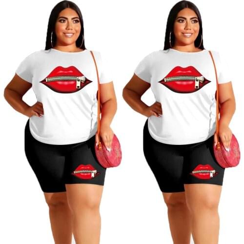 4xl 5xl Plus Size Womens Clothing Fashion Sexy Round Collar Zipper Lip Printing Casual Two Piece Suit Wholesale Dropshipping