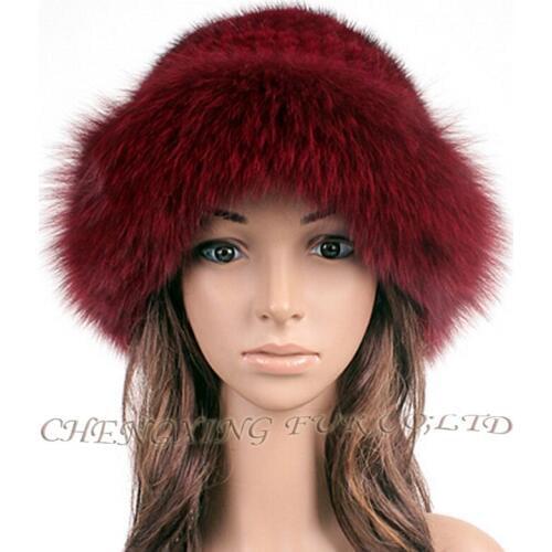 CX-C-209D Hand Knitted Fox Fur Trim Genuine Mink Fur Wholesale Fur Hat