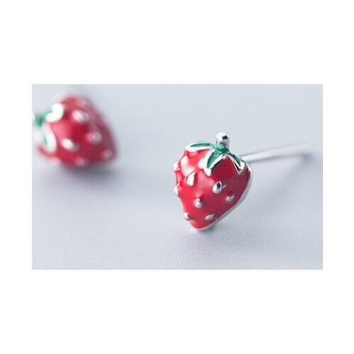 MloveAcc 100% Genuine 925 Sterling Silver Earrings Red Enamel Strawberry Shape Stud Earrings for Women Contracted Kids Jewelry