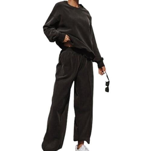 Women Suit Solid Color O Neck Long Pants Elastic Waist Sports Suit for Sports