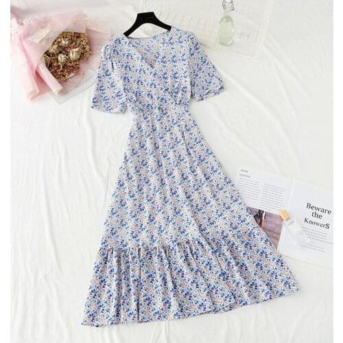 2021 New Summer V Neck Floral Print Chiffon Dress Women Short Sleeve V-neck Elastic Waist Elegant Mid-calf Dress Ruffle Vestidos
