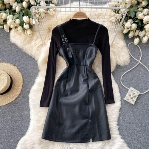 2021 Design Knitting All-Match Shirt PU Leather Dress Women Two Piece Suit Fashion Slim Trendy Suspender Dress Autumn Outfit l14