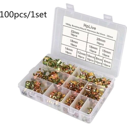 100Pcs/set 6-22mm Q673B Vacuum Spring Fuel Oil Water CPU Hose Clip Pipe Tube for Band Clamp Metal Fastener Assortment Kit