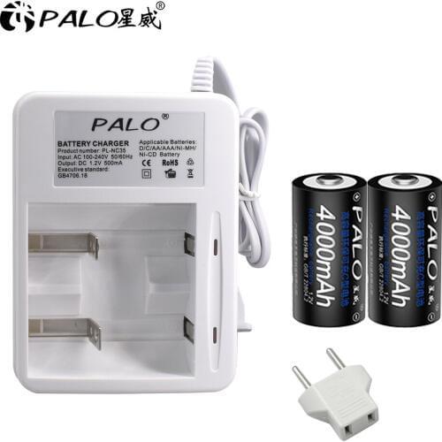 Palo 2pcs 1.2V 4000mAh Ni-MH C Battery rechargeable+2 slot AA AAA C D Battery Charger Fast Smart Charge LED display EU converter