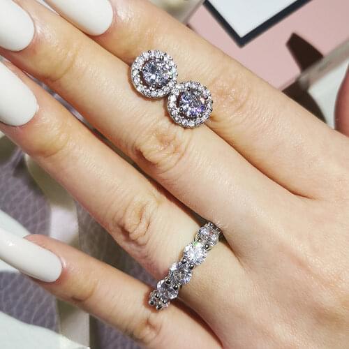2pcs Pack 925 Sterling Silver Jewelry Set Halo Engagement Ring Round Stud Earring For Wedding Gift Party Wholesale J6240