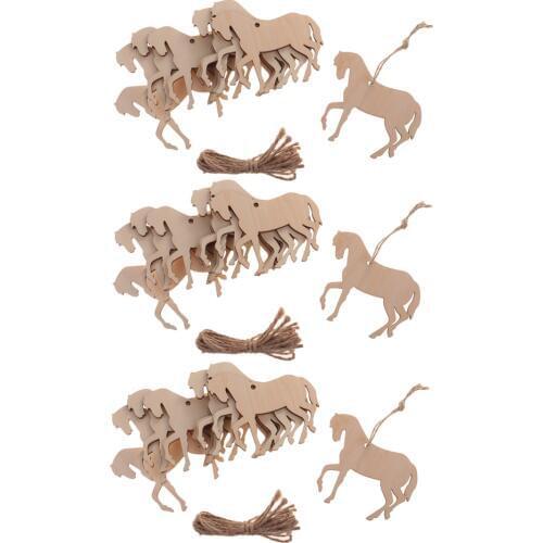 30 Pieces Natural Wooden Horse Cutouts Wood Animal Shapes with Twine for Hanging Decoration DIY Handicrafts