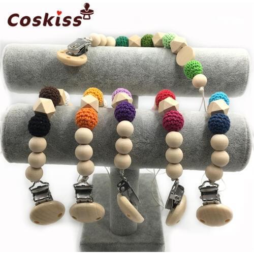 6pcs/lot Nursing Geometric Wooden Teether Crochet Beads Pacifier Clip Dummy Holder Natural Color Silk Cord Baby Teether Gift