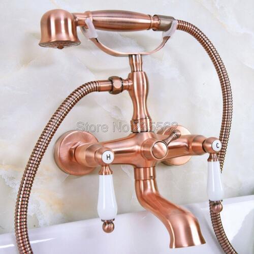 Antique Red Copper Wall Mount Clawfoot Bath Tub Faucet Tap w/ Handheld Shower lna327