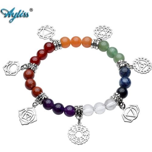 Ayliss Wholesale 7 Chakra Gem Stone Yoga Meditation Healing Balancing Stone Beads Stretch Bracelet Tree of Life/Lotus/OM Symbol