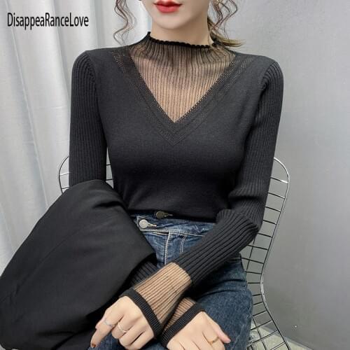 2021 Lady Mesh Lace Splice Turtleneck Sexy Sweaters Women Elegant Long Sleeve Autumn Ribbed Pullovers Hollow Out Winter Jumpers