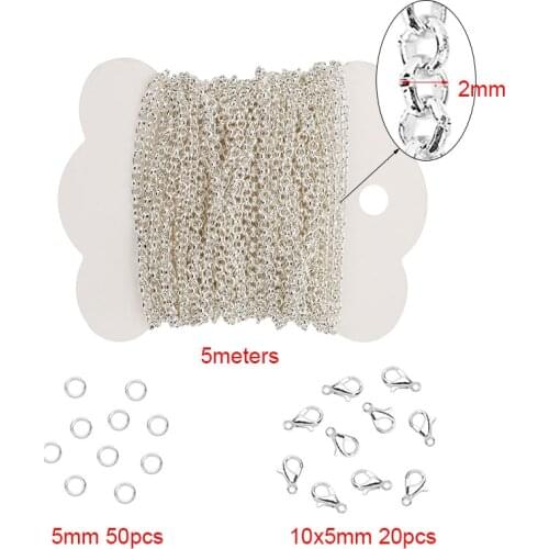 5meters Metal Iron Flat Link Chains Bulk With Lobster Clasps Diameter 2mm Silver Color Necklace Chains Lot for Jewelry Making