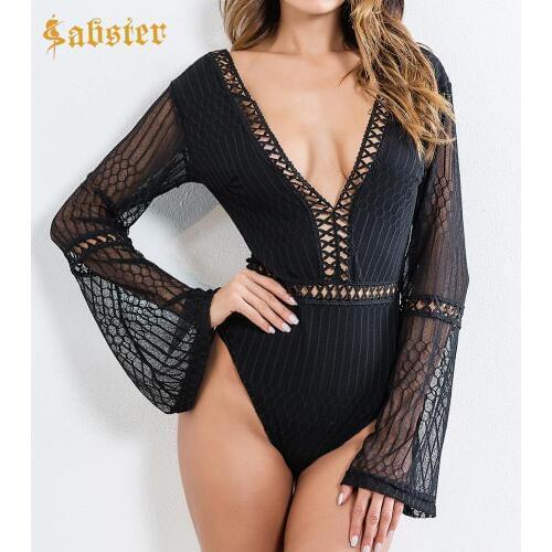 Black White Hollow Out Shoulder Solid Sexy Skinny Bodysuit V-neck Long Sleeve Jumpsuit Women Body Women Overalls Jumpsuit XZ485