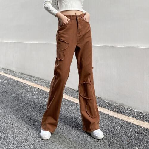 Brown Jeans Women Flower Patchwork Straight Leg Cowbye Pants Solid Loose High Waist Female Pants Casual High Streetwear Trouser