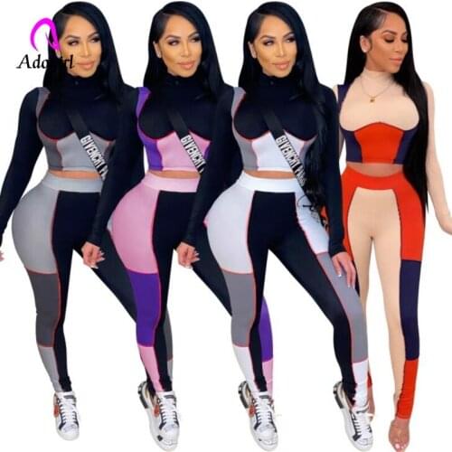 Fitness Women Two Piece Set Long Sleeve Mock Neck Crop Top Bodycon Sweatpants Skinny Tracksuit Sporty Fashion Streetwear Outfit